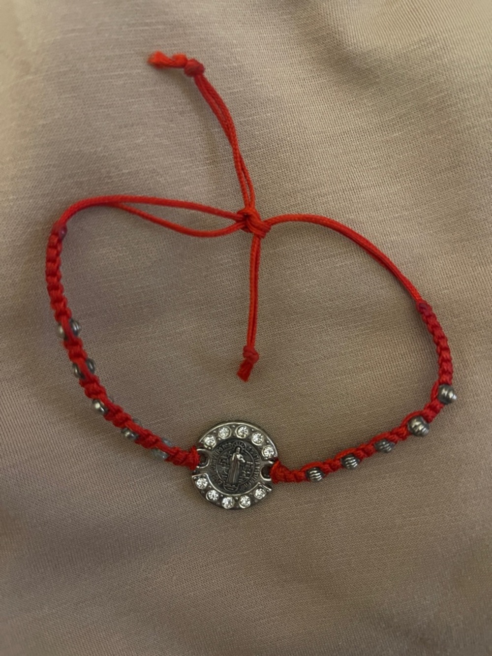 Saint Benedict Medal Red Cord Bracelet with Crystal Halo